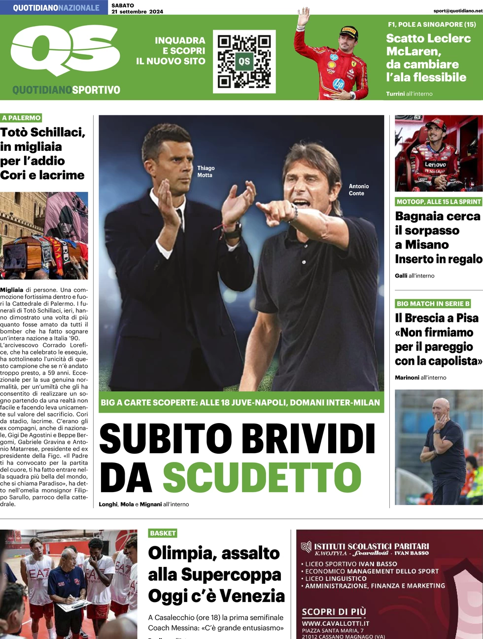 anteprima della prima pagina di qs-quotidiano-sportivo del 21/09/2024