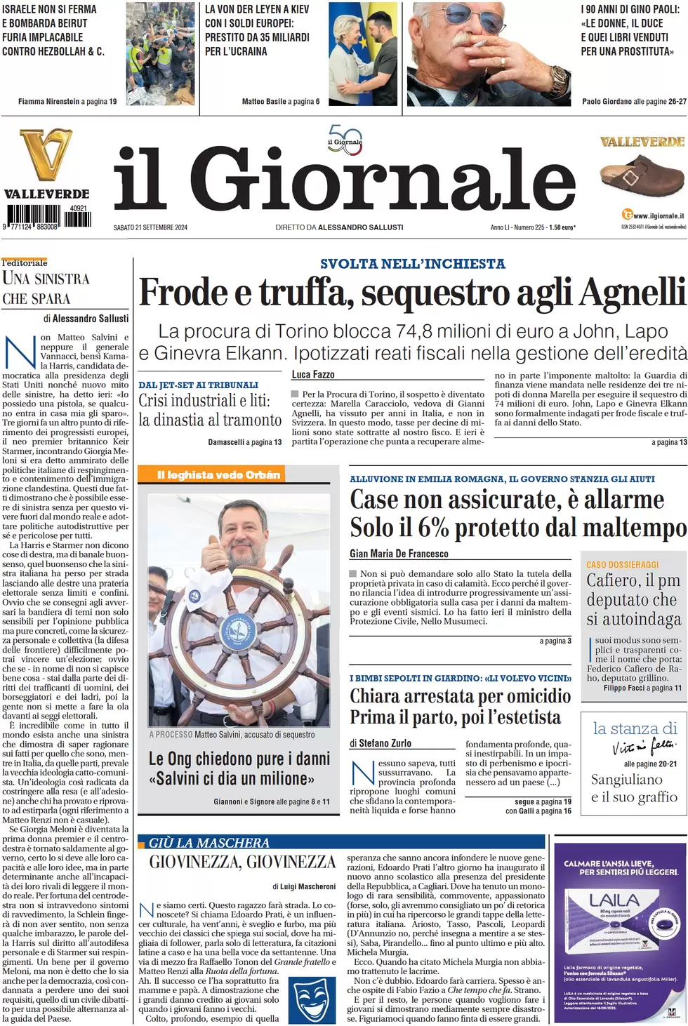 anteprima della prima pagina di il-giornale del 21/09/2024