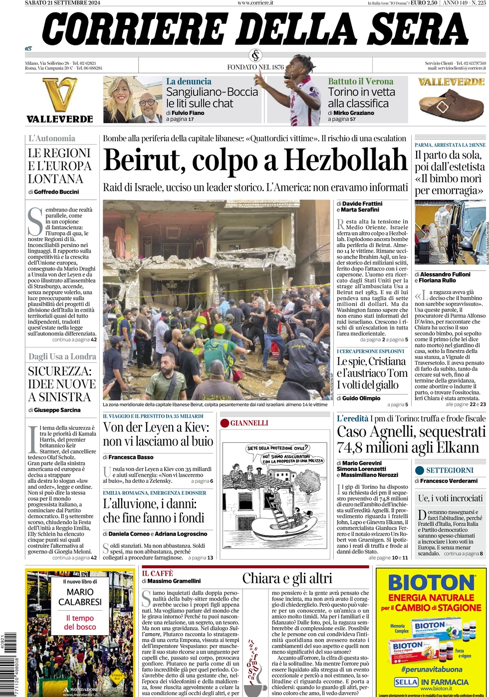 anteprima della prima pagina di corriere-della-sera del 21/09/2024