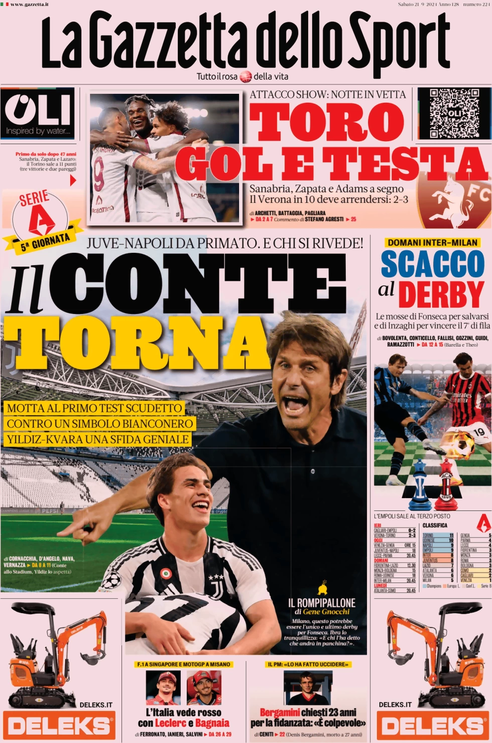 anteprima della prima pagina di la-gazzetta-dello-sport del 21/09/2024