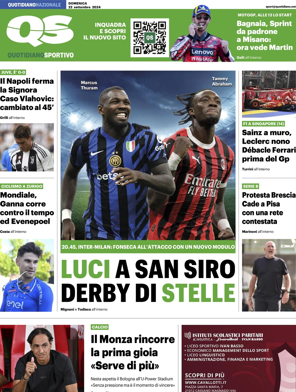 anteprima della prima pagina di qs-quotidiano-sportivo del 22/09/2024