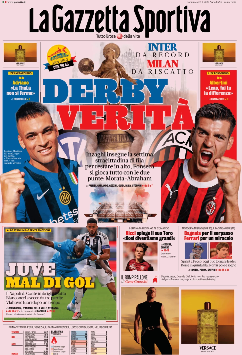 anteprima della prima pagina di la-gazzetta-dello-sport del 22/09/2024