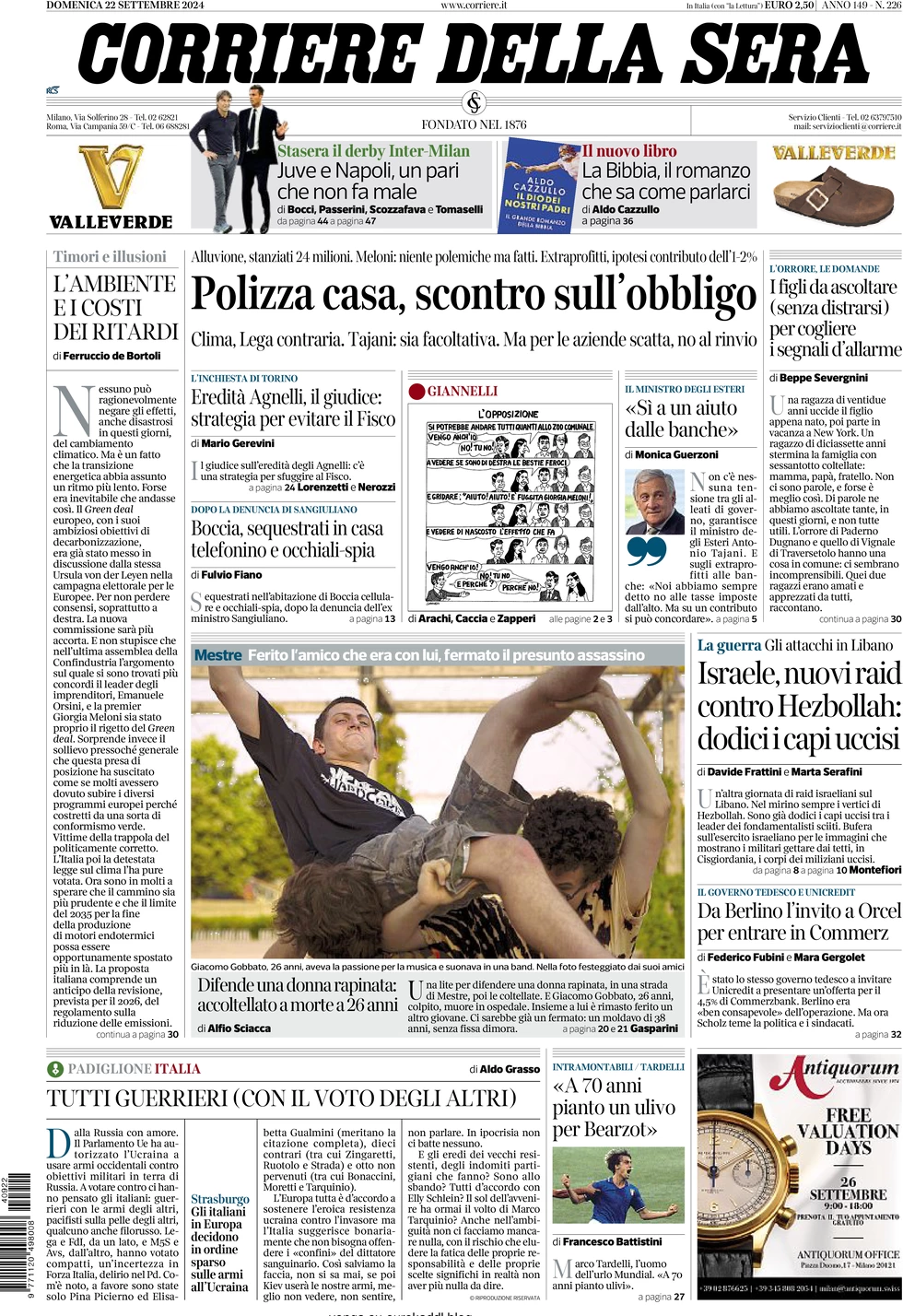 anteprima della prima pagina di corriere-della-sera del 22/09/2024