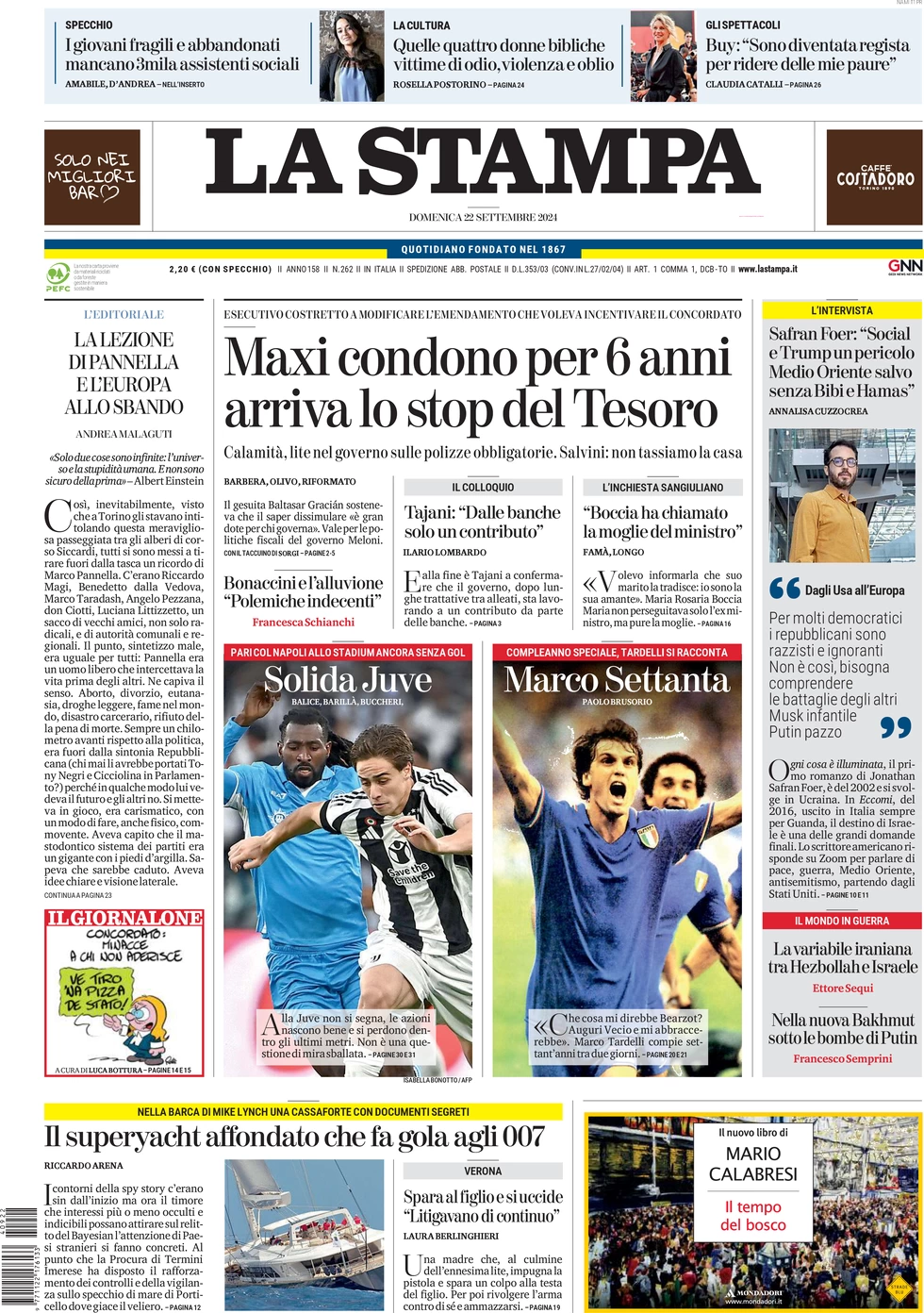 anteprima della prima pagina di la-stampa del 22/09/2024