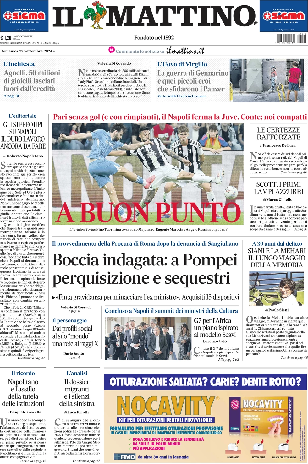 anteprima della prima pagina di il-mattino del 22/09/2024