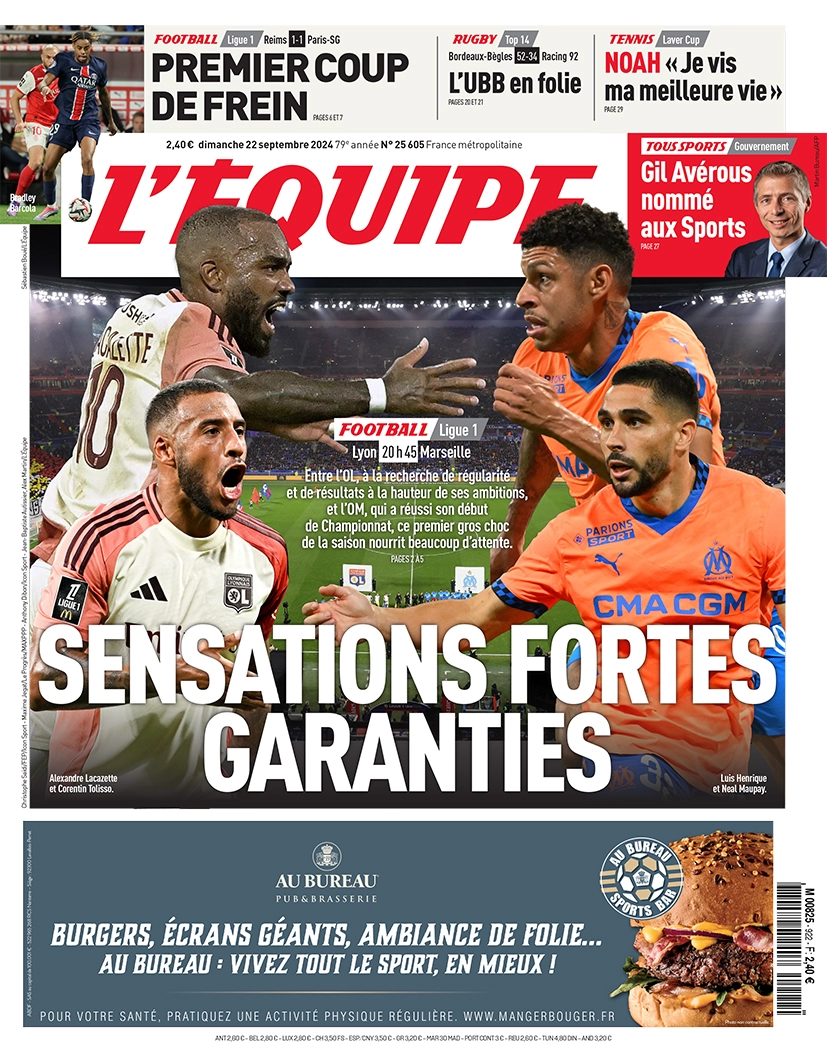anteprima della prima pagina di lequipe del 22/09/2024