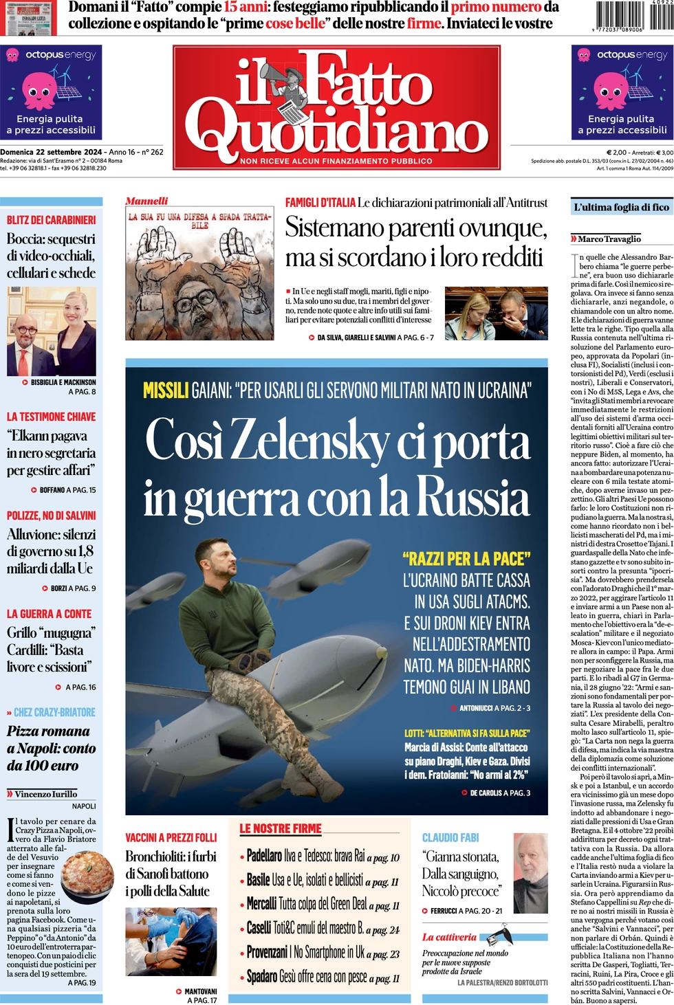 anteprima della prima pagina di il-fatto-quotidiano del 22/09/2024