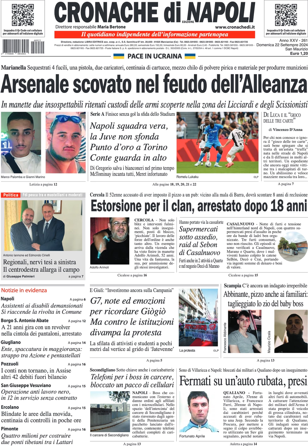 anteprima della prima pagina di cronache-di-napoli del 22/09/2024