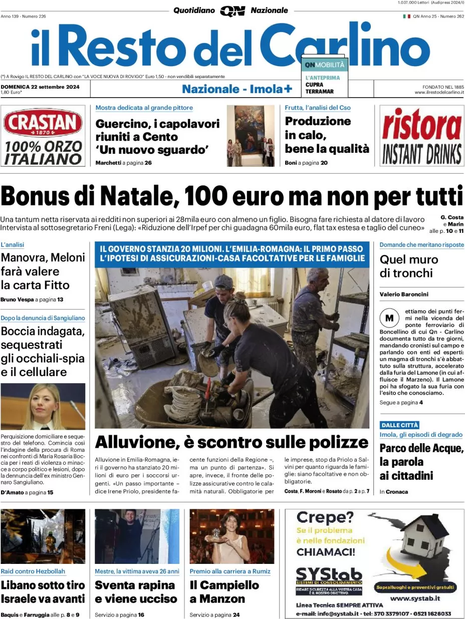 anteprima della prima pagina di il-resto-del-carlino del 22/09/2024