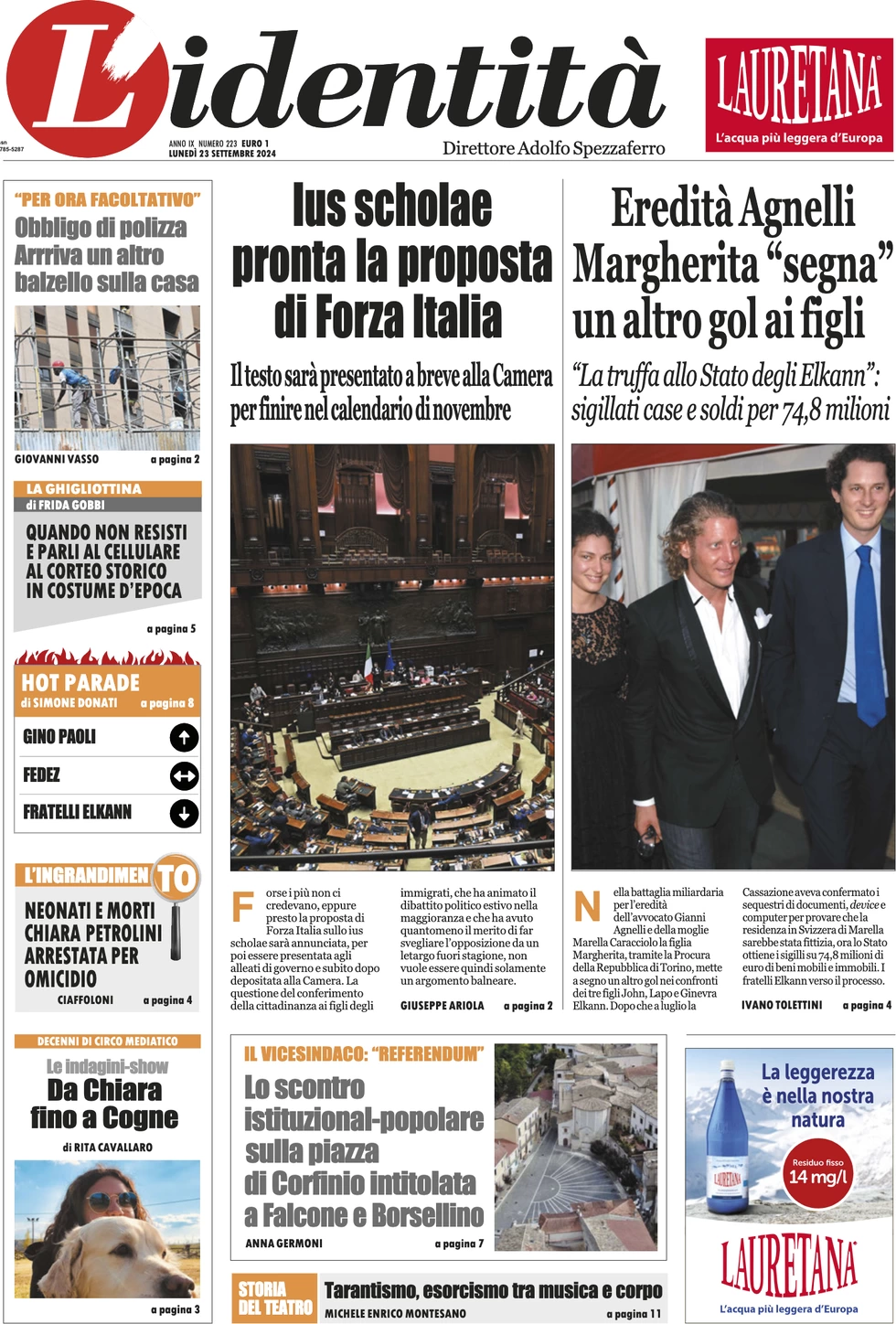 anteprima della prima pagina di lidentit del 22/09/2024