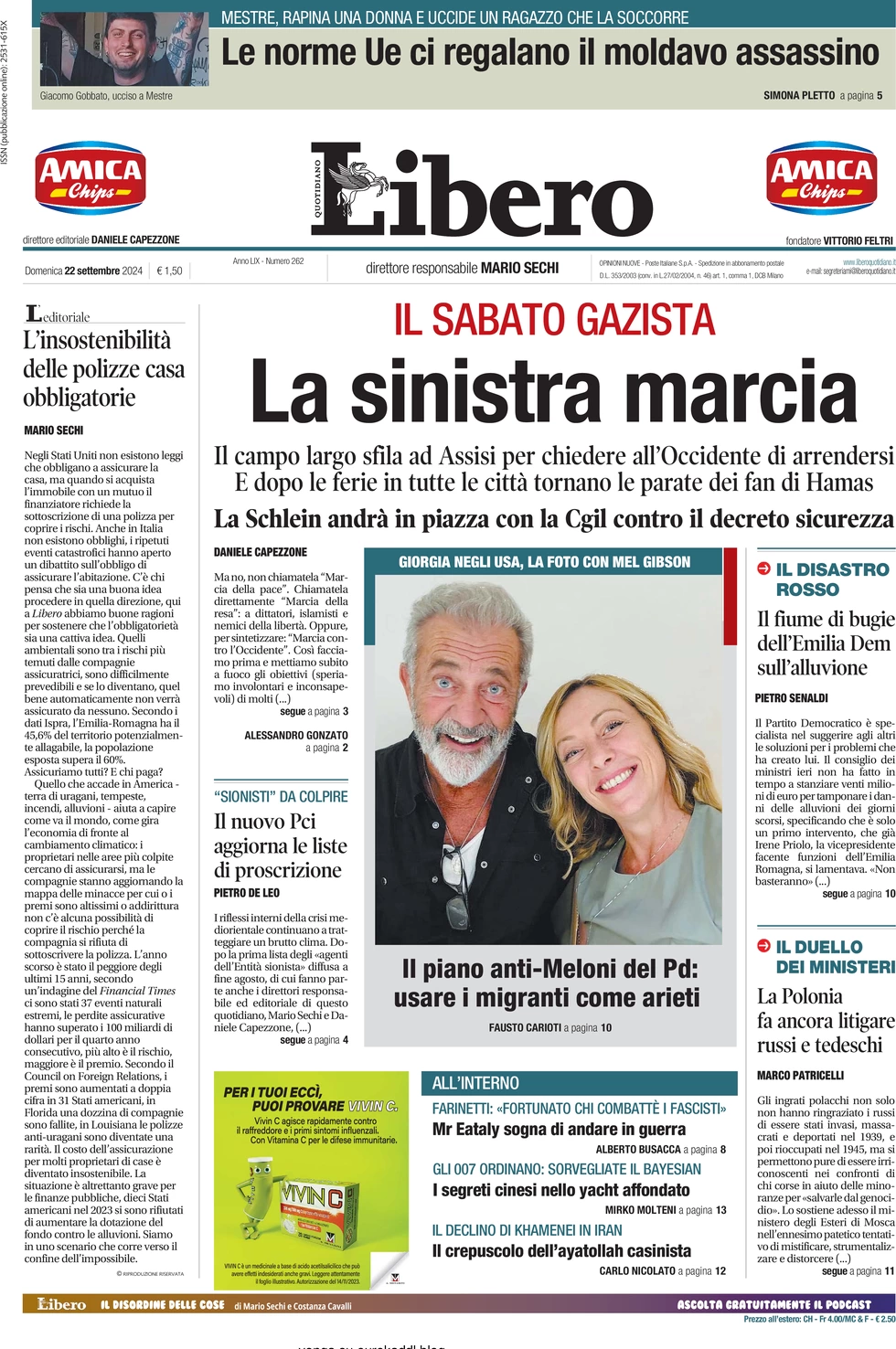 anteprima della prima pagina di libero-quotidiano del 22/09/2024