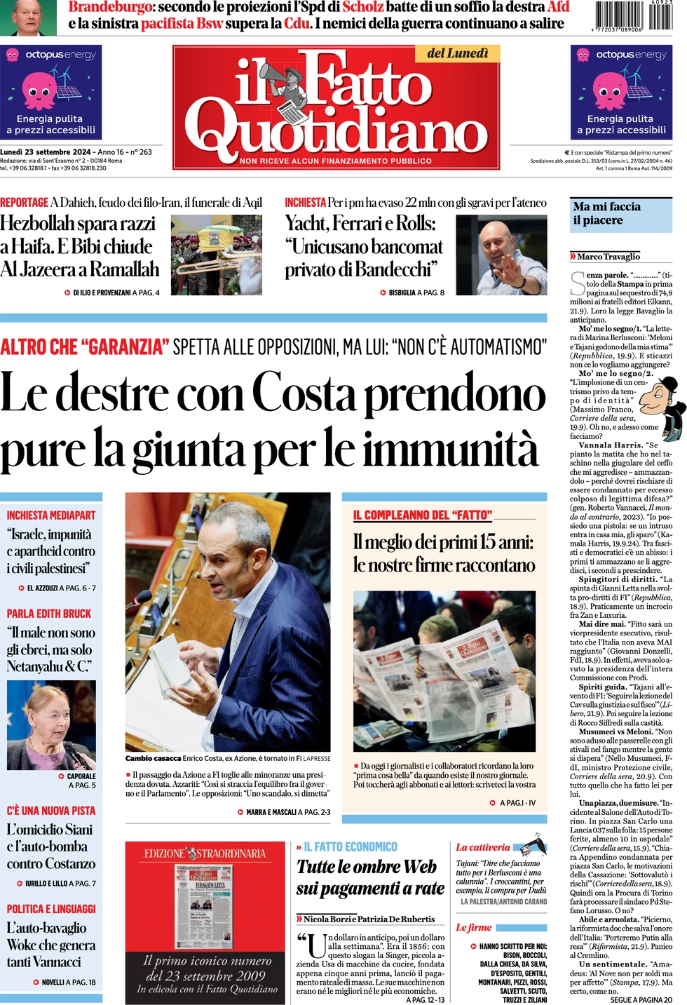 anteprima della prima pagina di il-fatto-quotidiano del 23/09/2024