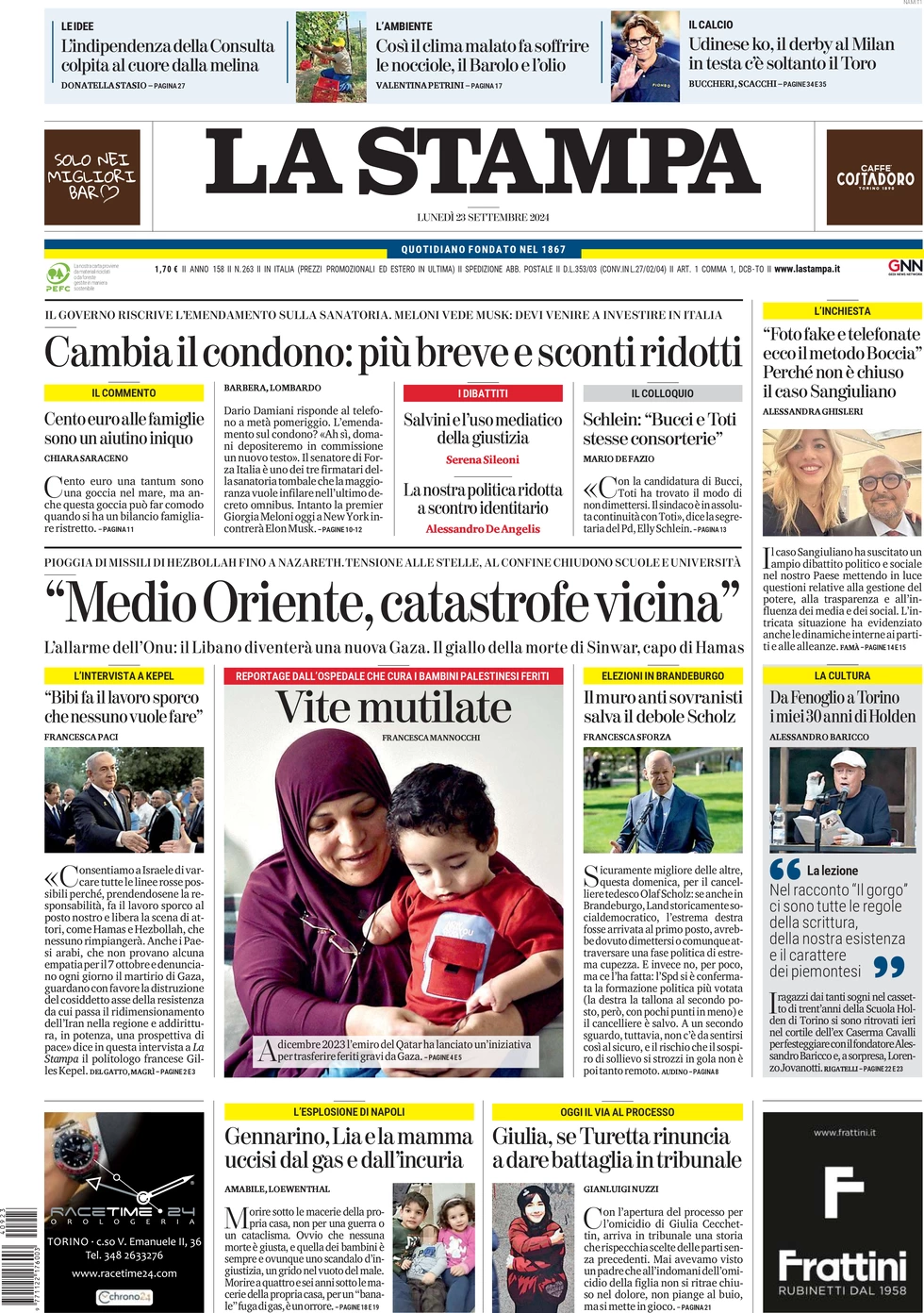 anteprima della prima pagina di la-stampa del 23/09/2024