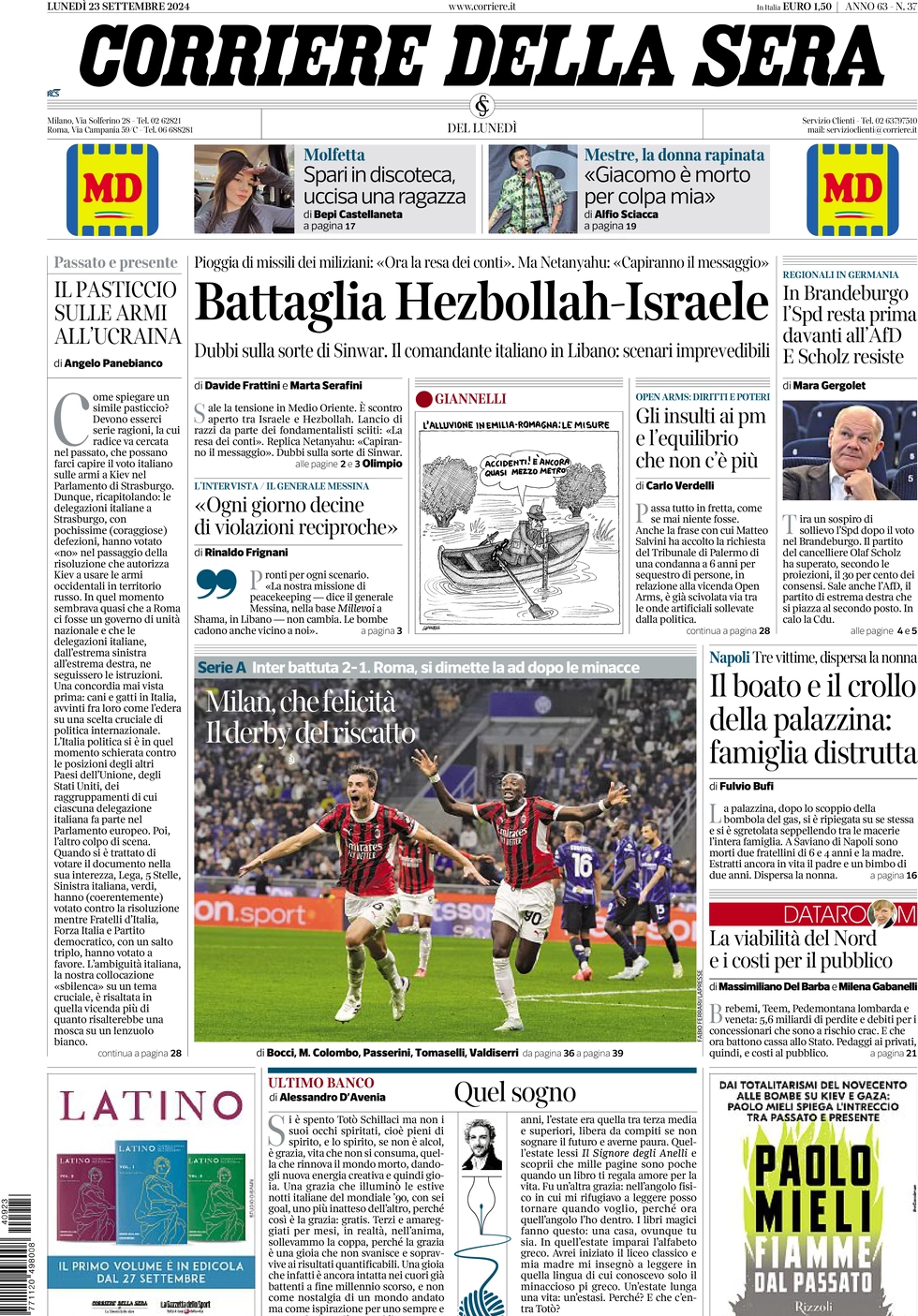 anteprima della prima pagina di corriere-della-sera del 23/09/2024