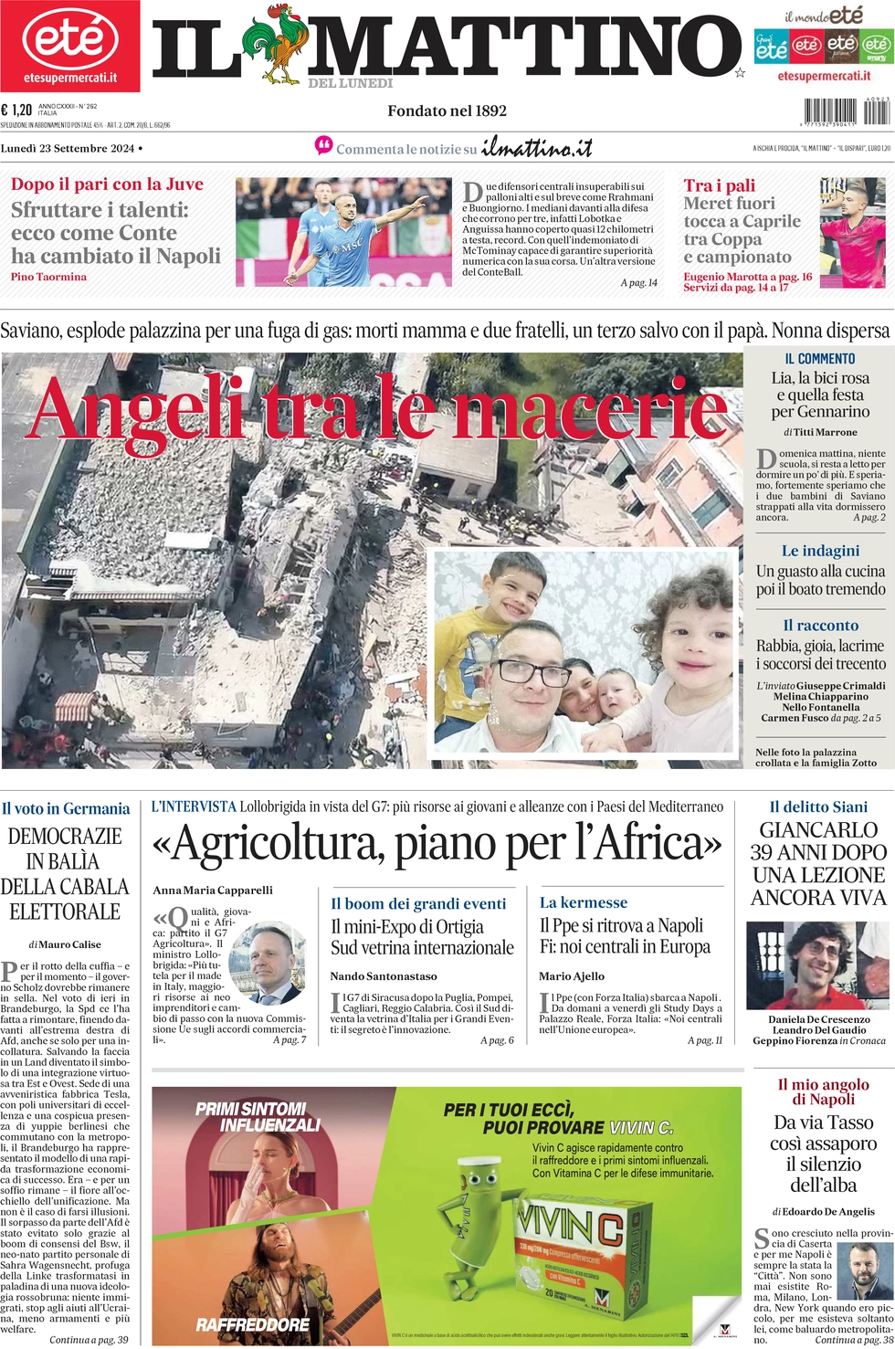 anteprima della prima pagina di il-mattino del 23/09/2024