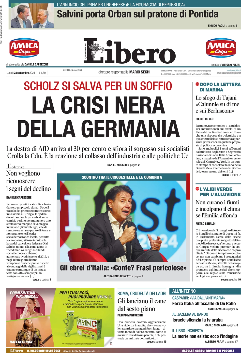 anteprima della prima pagina di libero-quotidiano del 23/09/2024