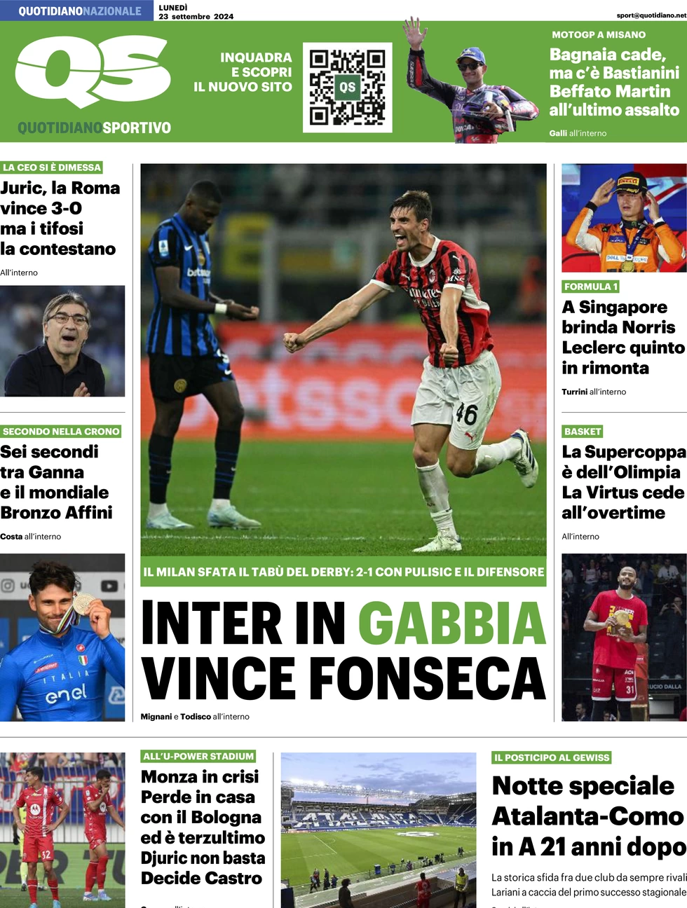 anteprima della prima pagina di qs-quotidiano-sportivo del 23/09/2024