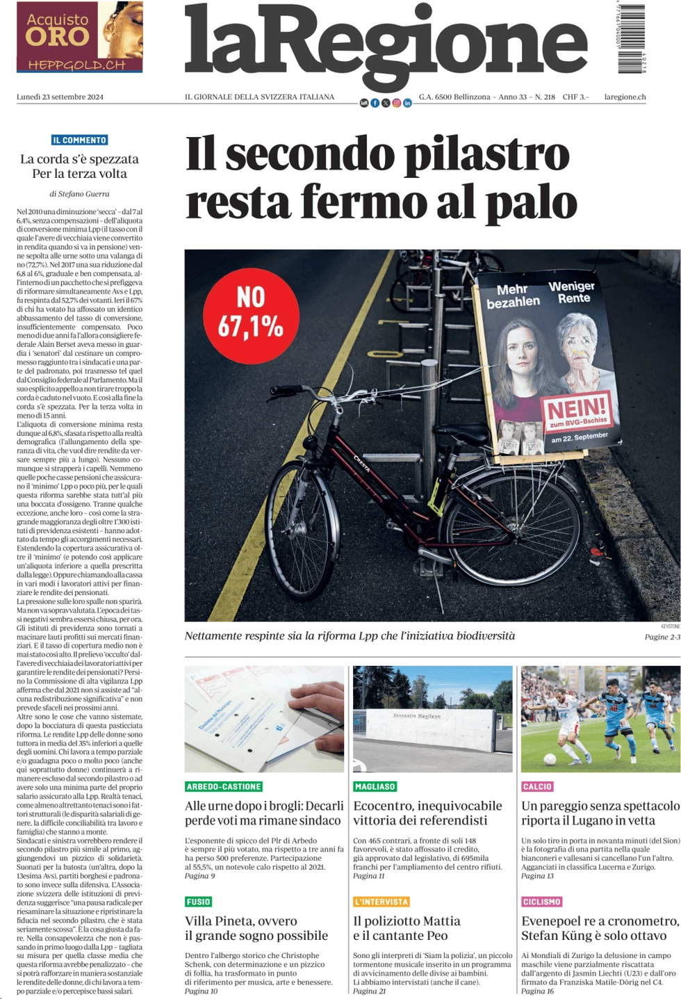 anteprima della prima pagina di la-regione del 23/09/2024