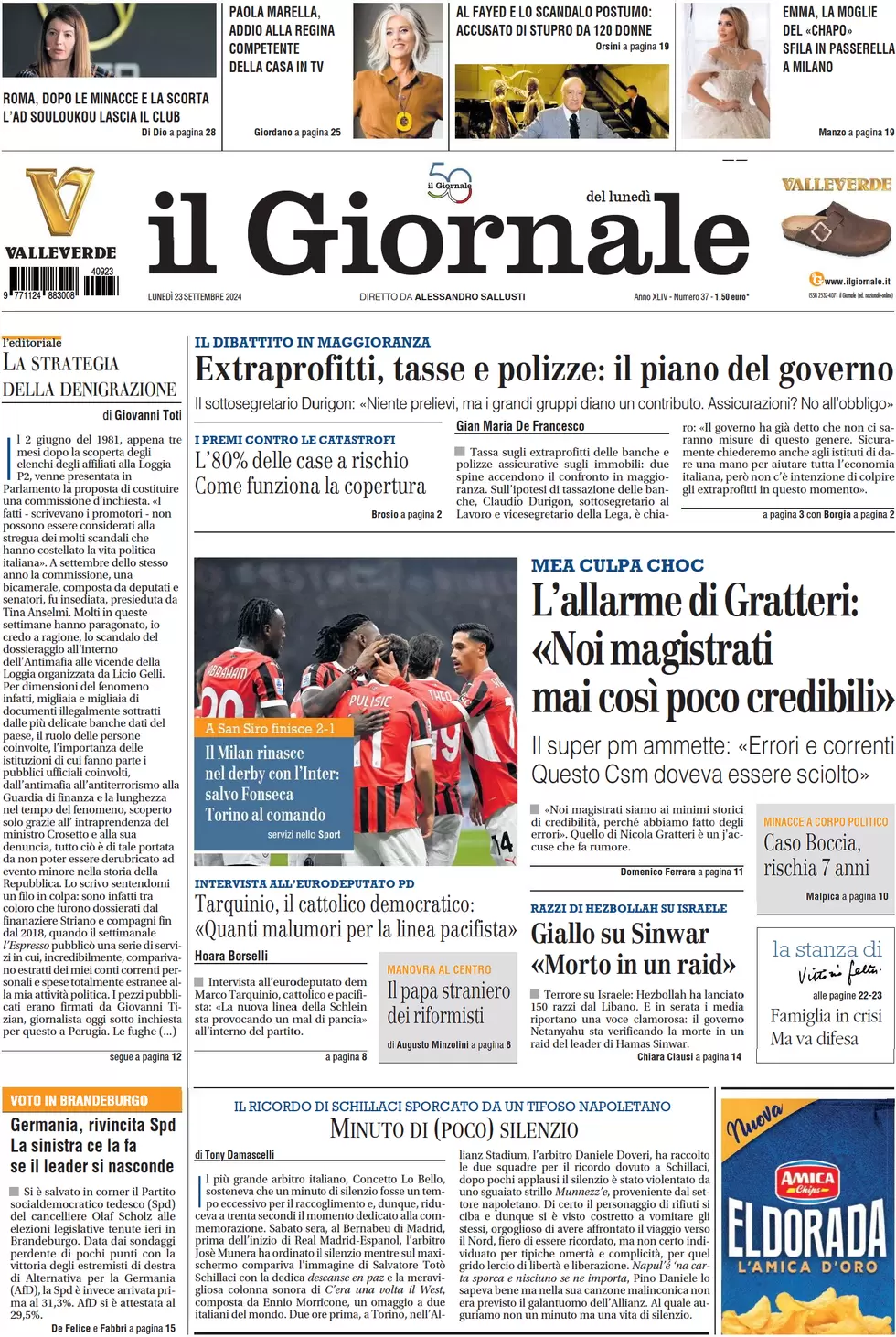 anteprima della prima pagina di il-giornale del 23/09/2024