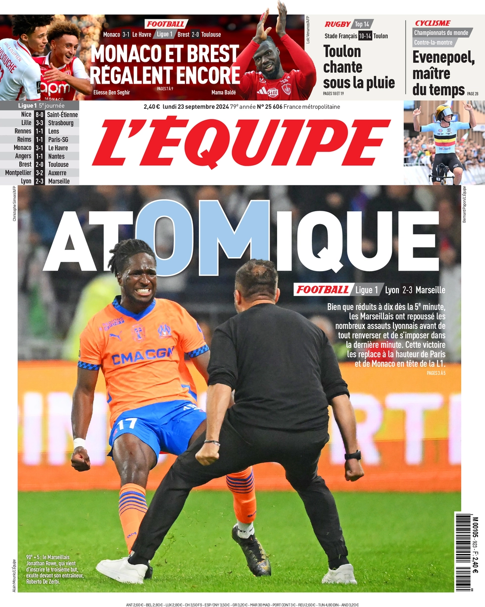 anteprima della prima pagina di lequipe del 23/09/2024