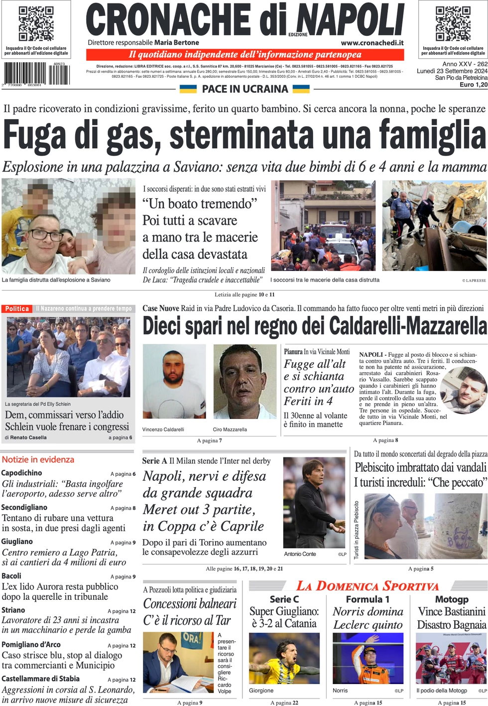 anteprima della prima pagina di cronache-di-napoli del 23/09/2024