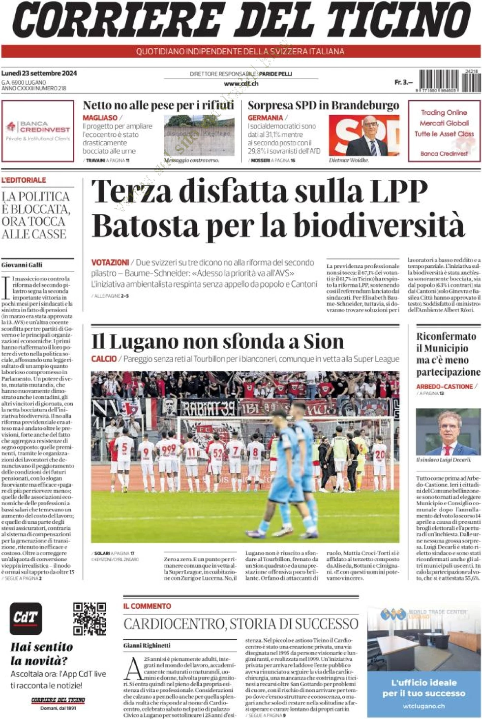 anteprima della prima pagina di corriere-del-ticino del 23/09/2024