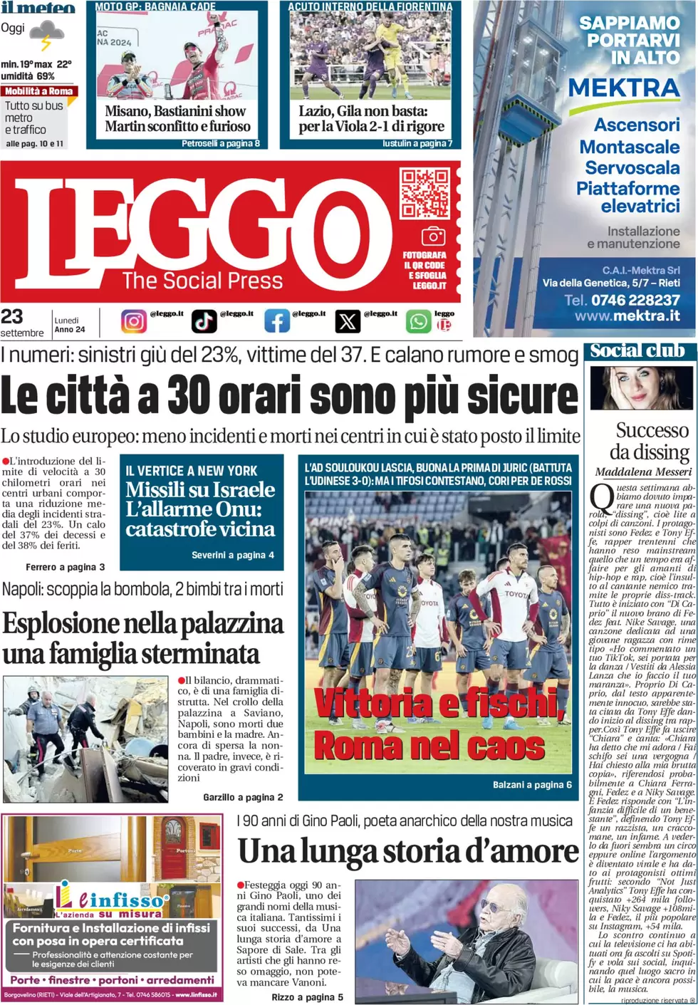 anteprima della prima pagina di leggo-roma del 23/09/2024