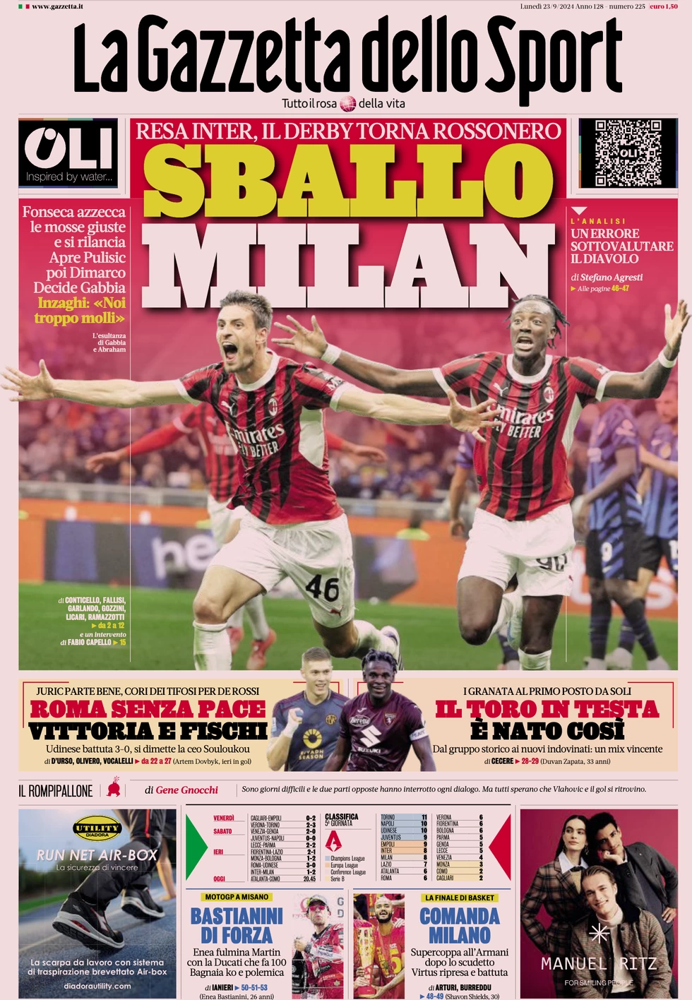 anteprima della prima pagina di la-gazzetta-dello-sport del 23/09/2024