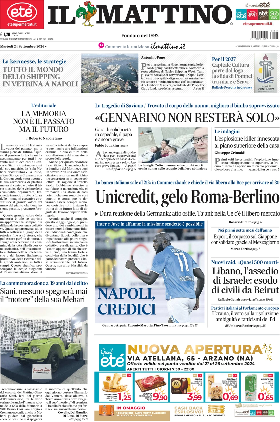 anteprima della prima pagina di il-mattino del 24/09/2024