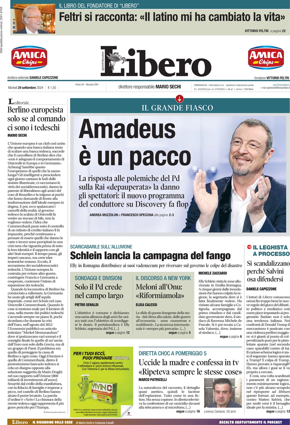 anteprima della prima pagina di libero-quotidiano del 24/09/2024