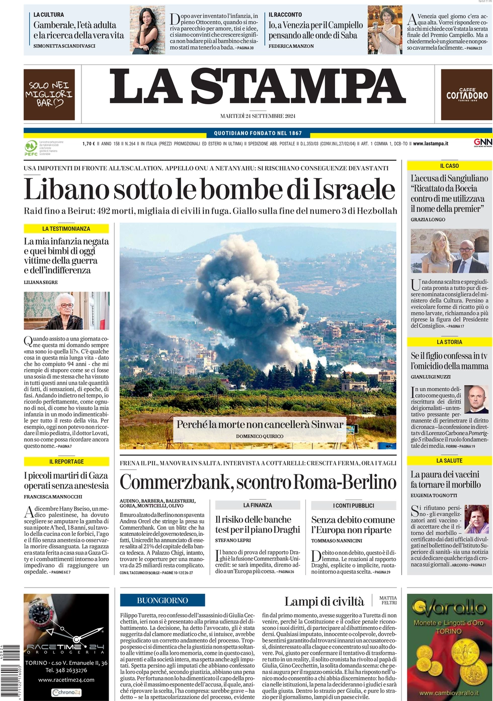 anteprima della prima pagina di la-stampa del 24/09/2024