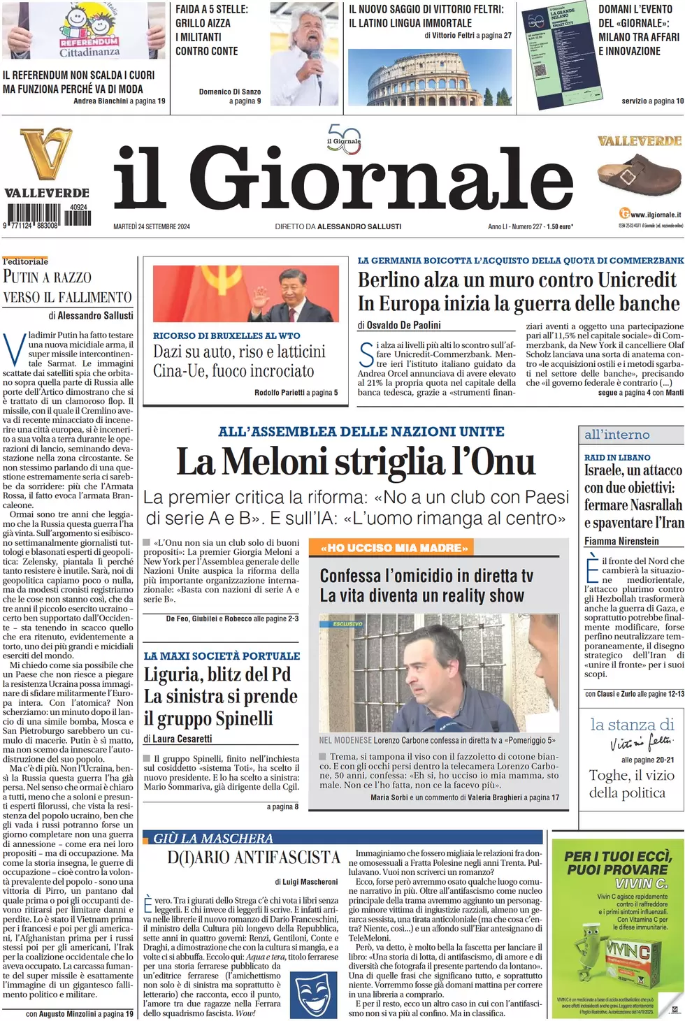 anteprima della prima pagina di il-giornale del 24/09/2024