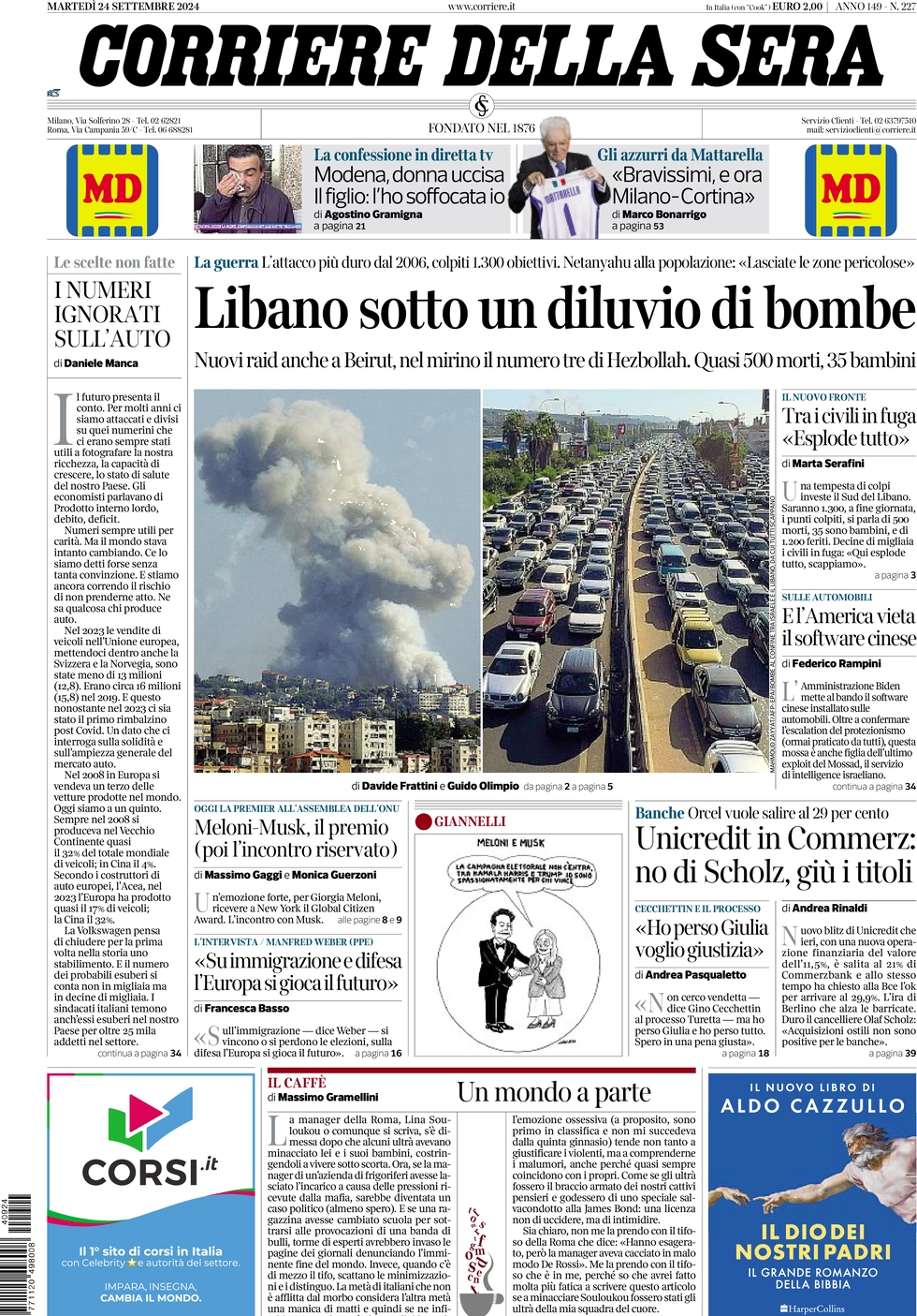 anteprima della prima pagina di corriere-della-sera del 24/09/2024