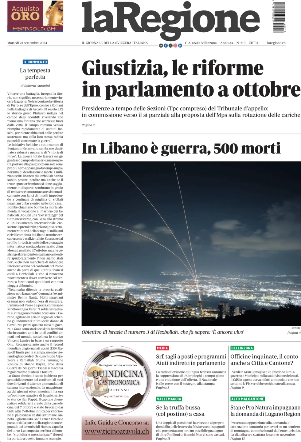 anteprima della prima pagina di la-regione del 24/09/2024