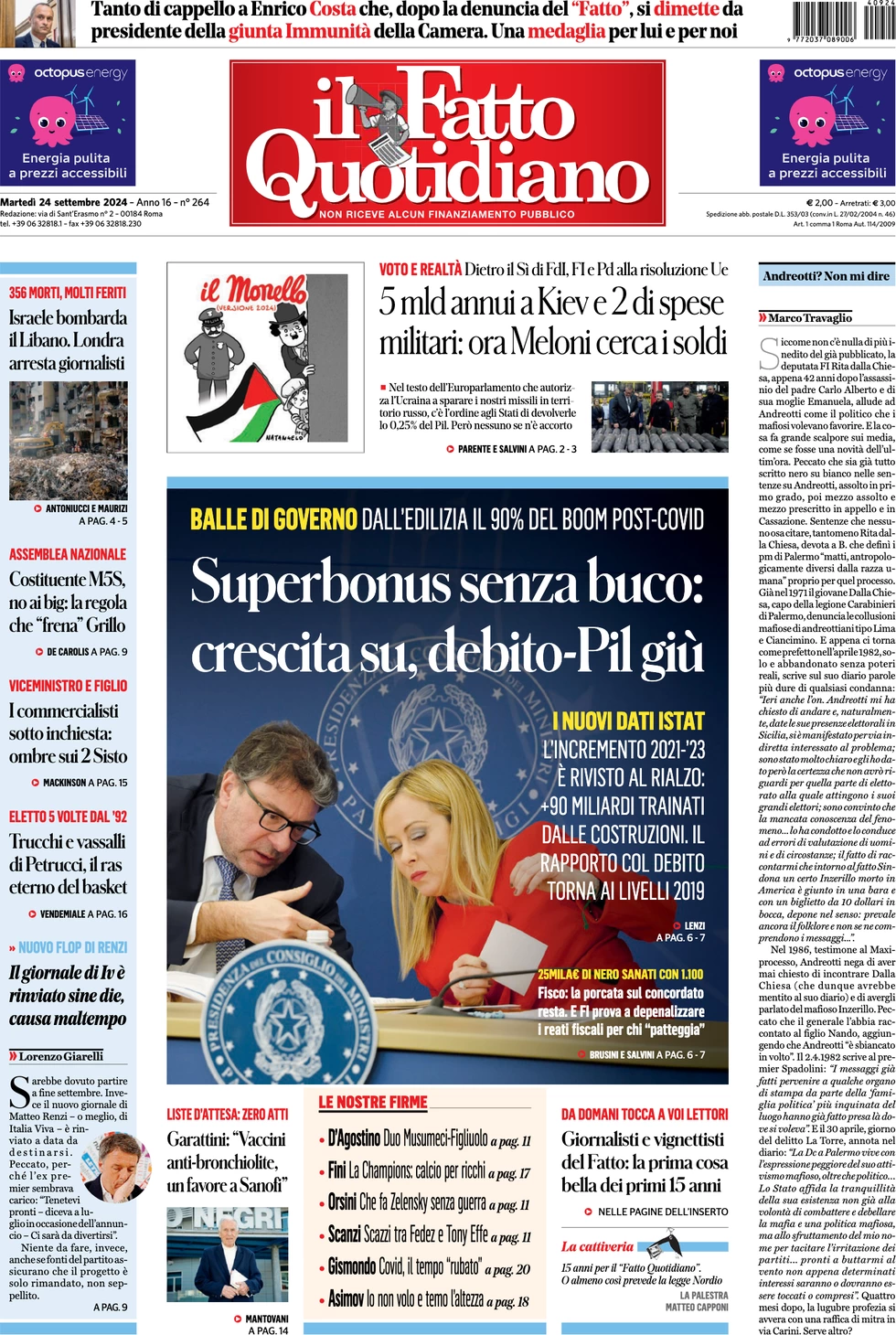 anteprima della prima pagina di il-fatto-quotidiano del 24/09/2024