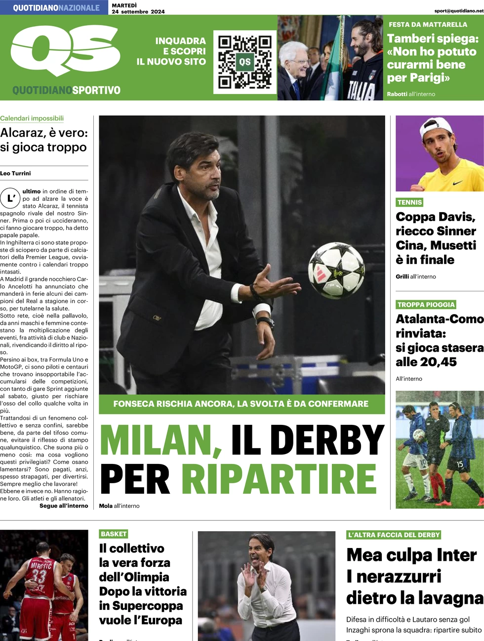 anteprima della prima pagina di qs-quotidiano-sportivo del 24/09/2024