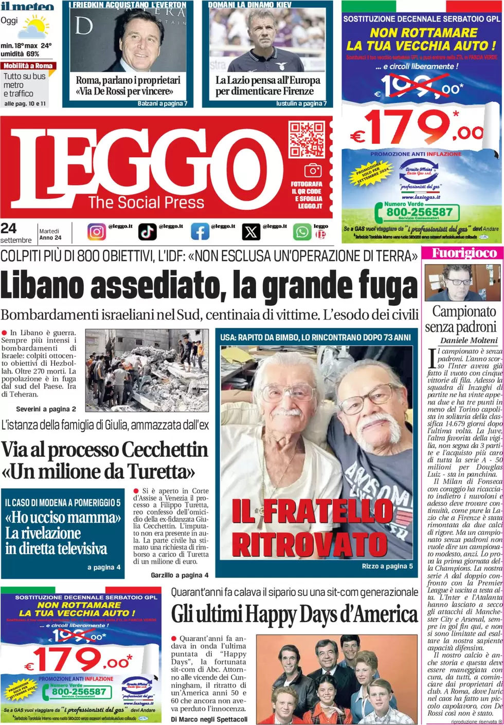 anteprima della prima pagina di leggo-roma del 24/09/2024