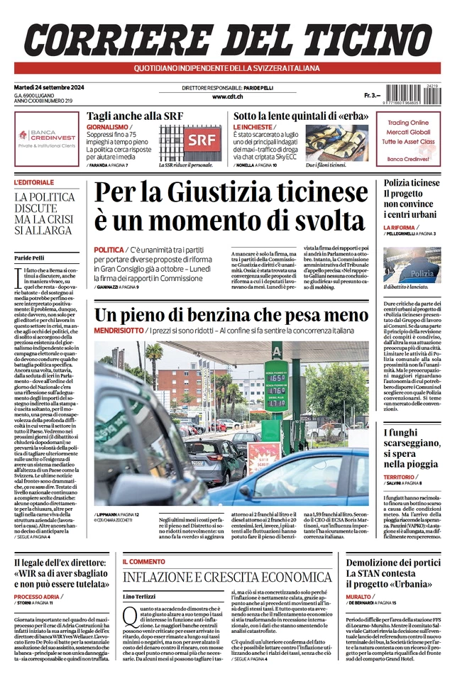 anteprima della prima pagina di corriere-del-ticino del 24/09/2024