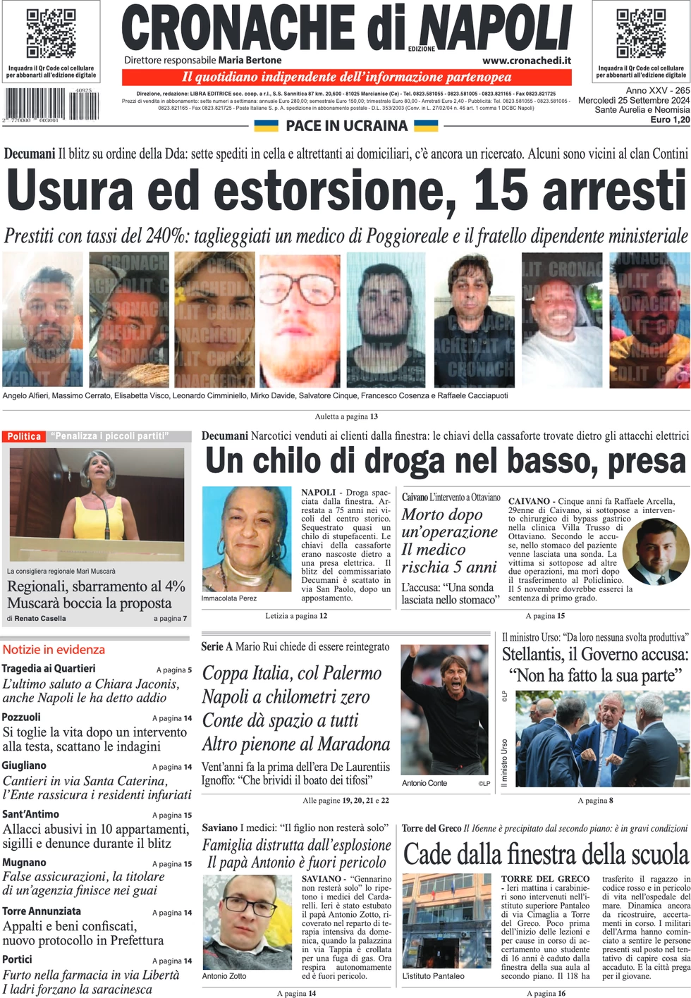 anteprima della prima pagina di cronache-di-napoli del 25/09/2024