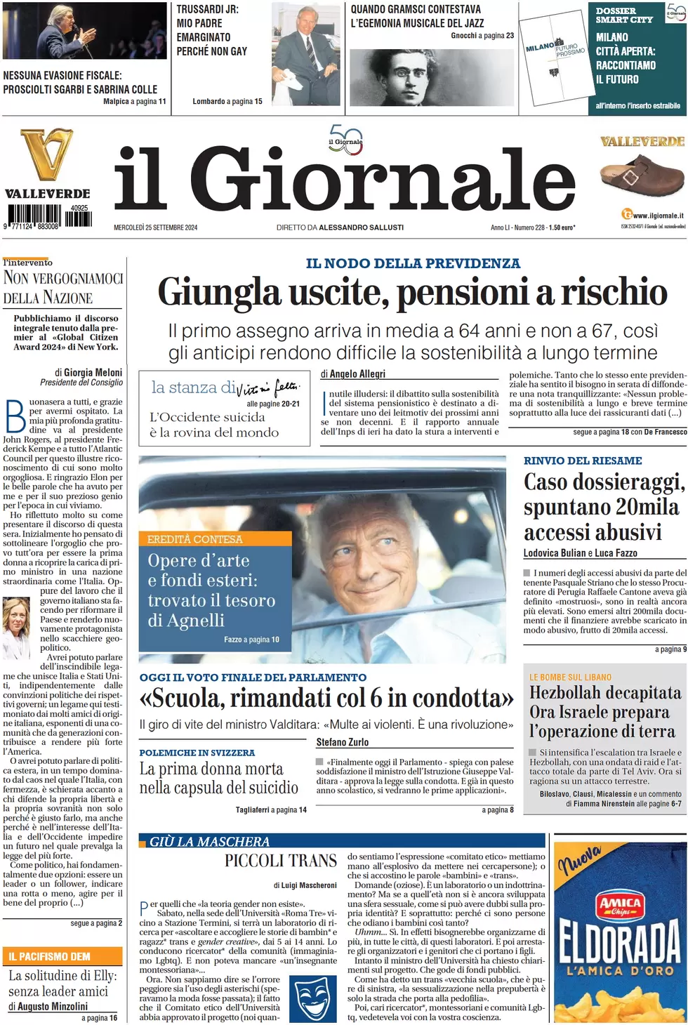 anteprima della prima pagina di il-giornale del 25/09/2024