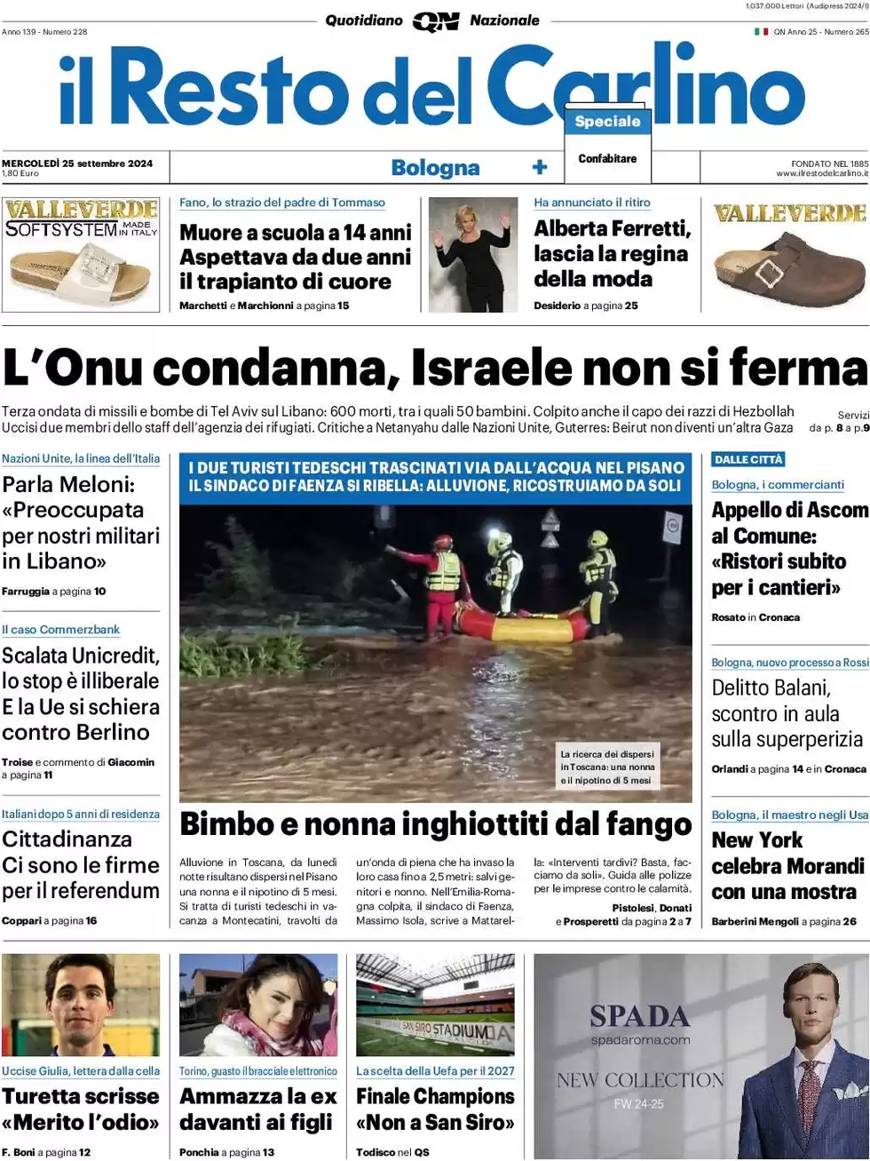 anteprima della prima pagina di il-resto-del-carlino del 25/09/2024