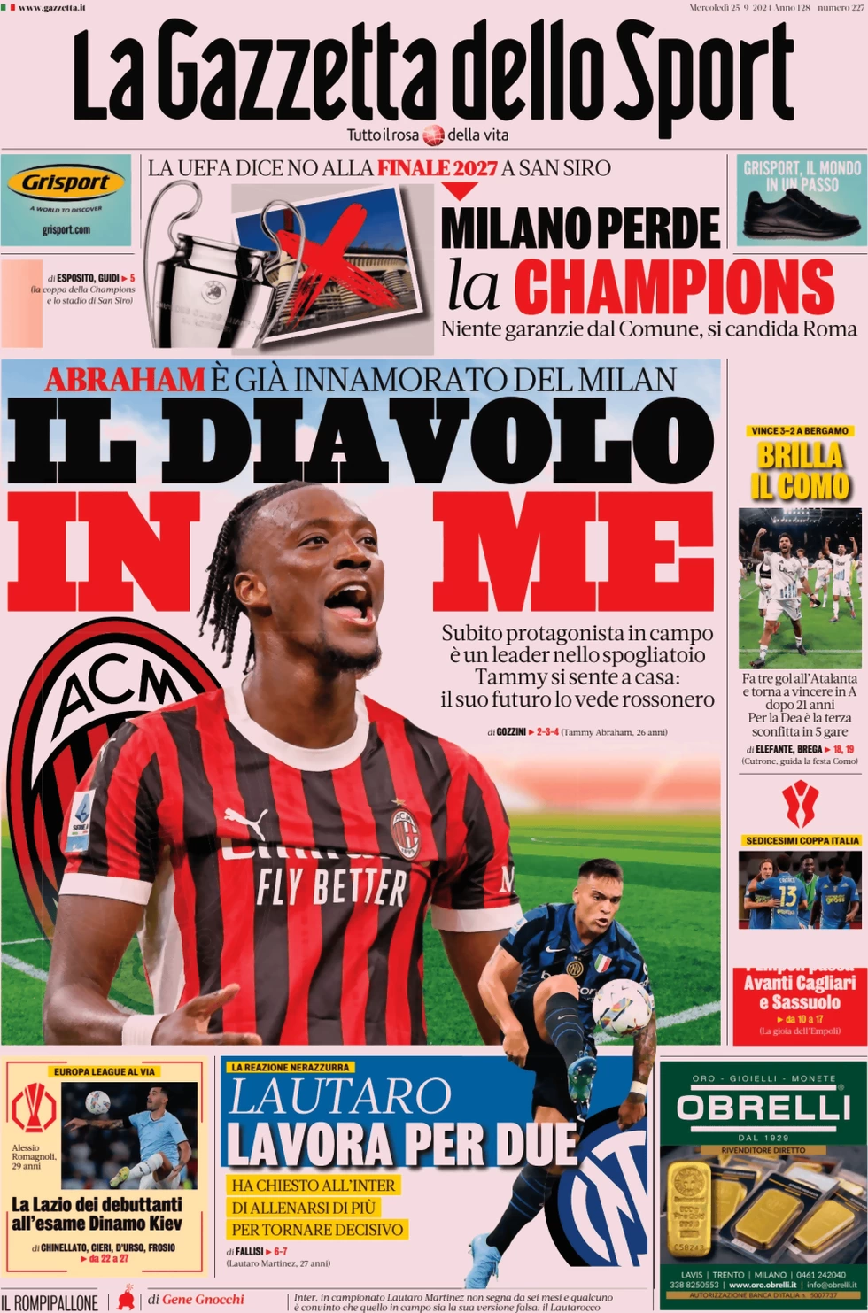 anteprima della prima pagina di la-gazzetta-dello-sport del 25/09/2024