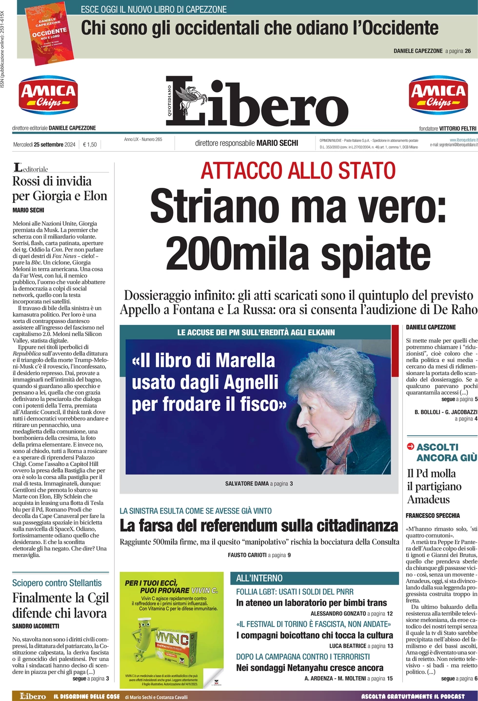 anteprima della prima pagina di libero-quotidiano del 25/09/2024