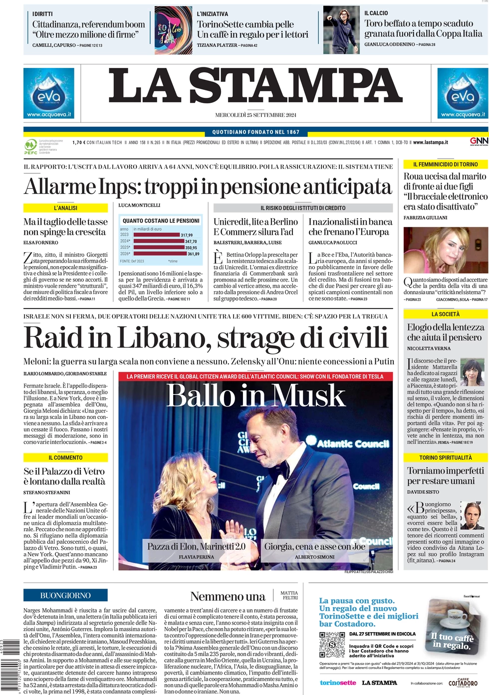 anteprima della prima pagina di la-stampa del 25/09/2024