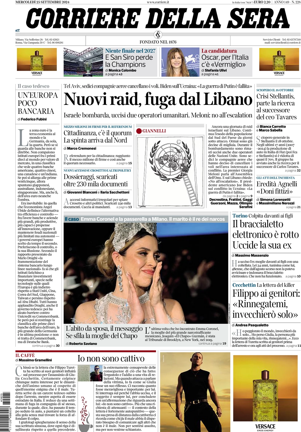 anteprima della prima pagina di corriere-della-sera del 25/09/2024