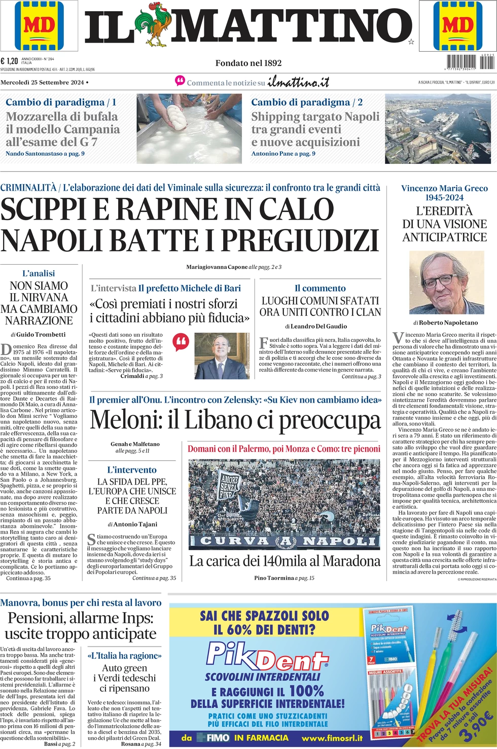 anteprima della prima pagina di il-mattino del 25/09/2024