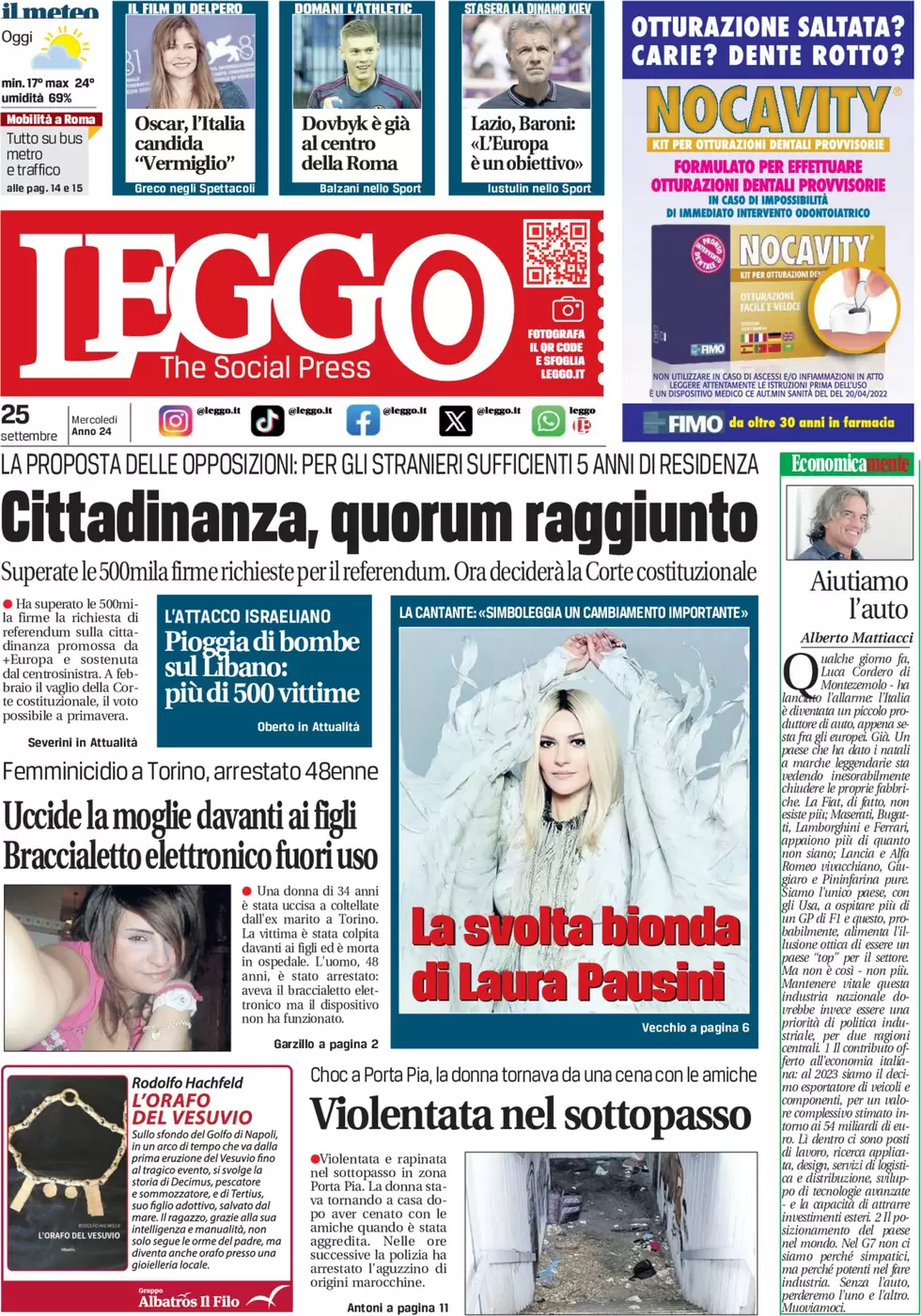 anteprima della prima pagina di leggo-roma del 25/09/2024