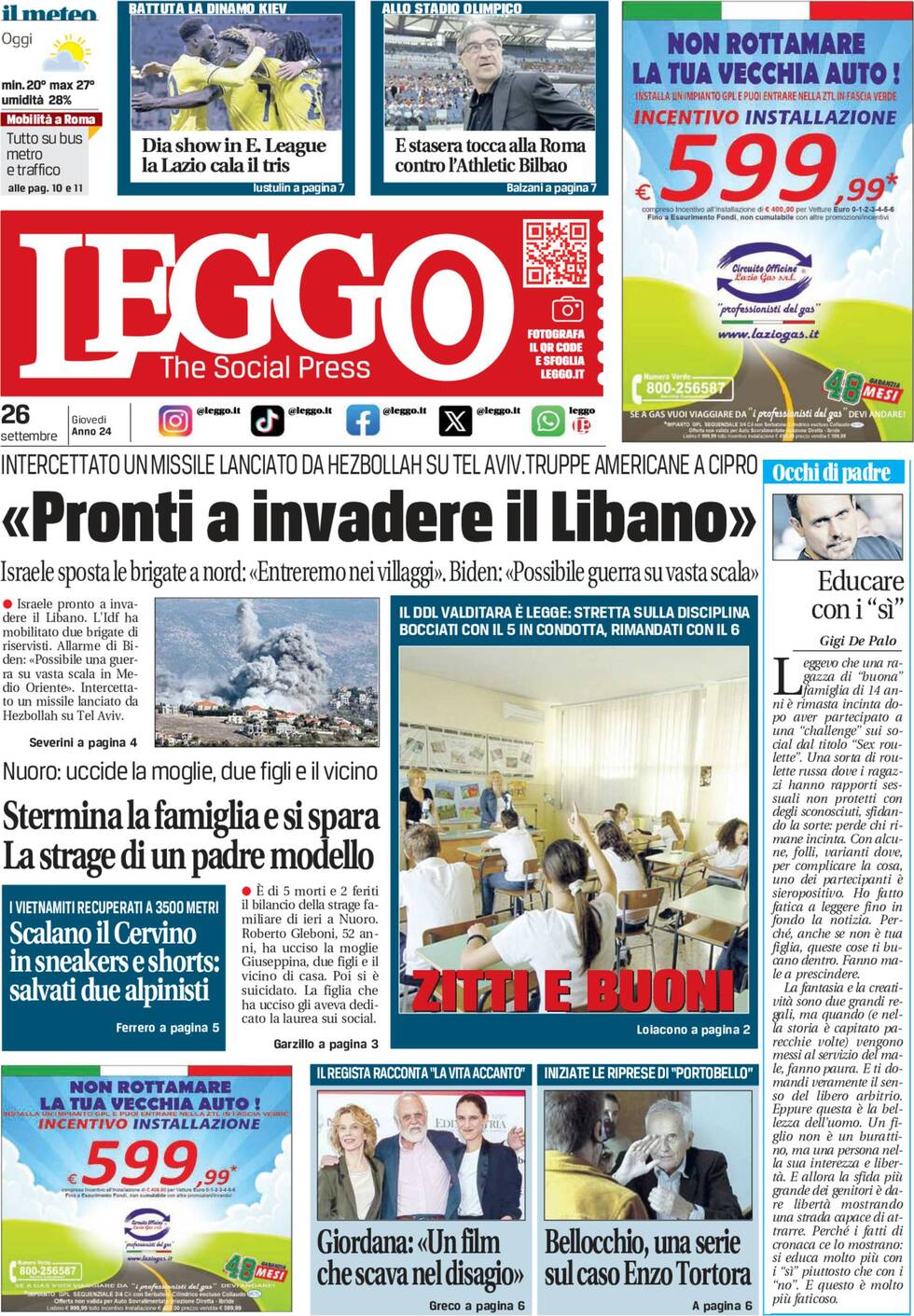 anteprima della prima pagina di leggo-roma del 26/09/2024