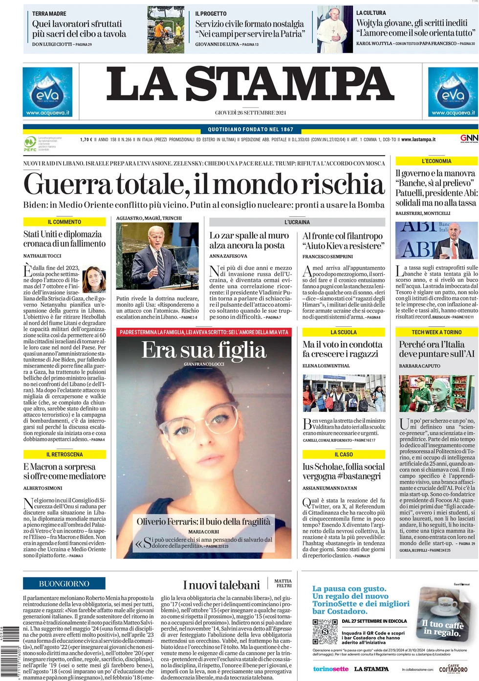 anteprima della prima pagina di la-stampa del 26/09/2024