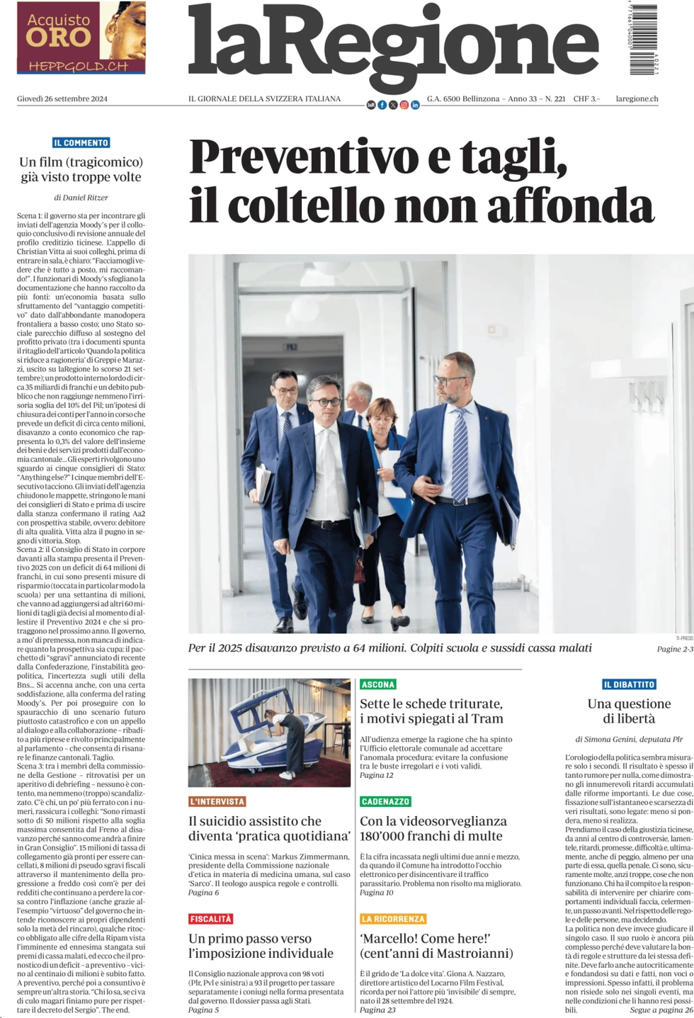 anteprima della prima pagina di la-regione del 26/09/2024